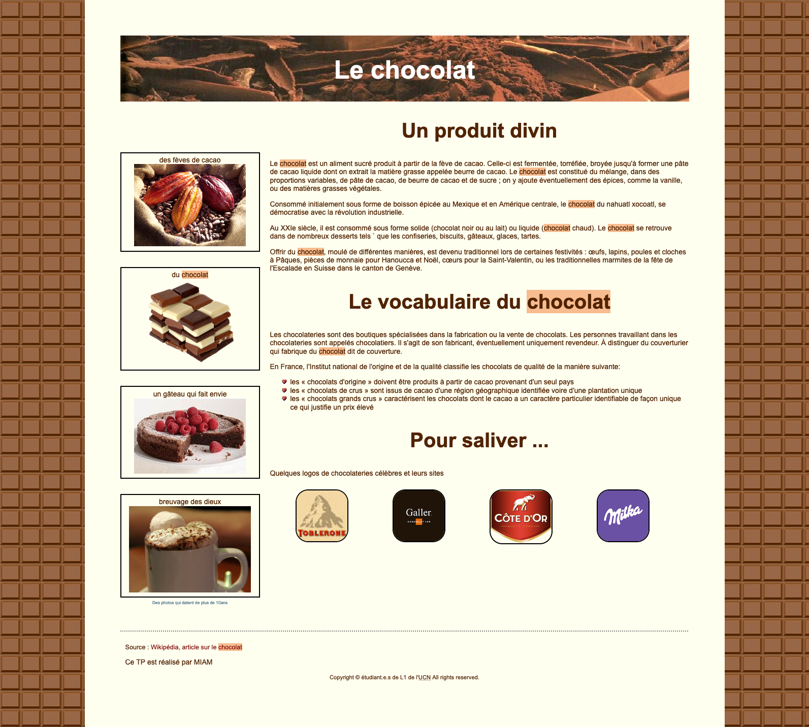 Capture d'écran de la page sur le chocolat